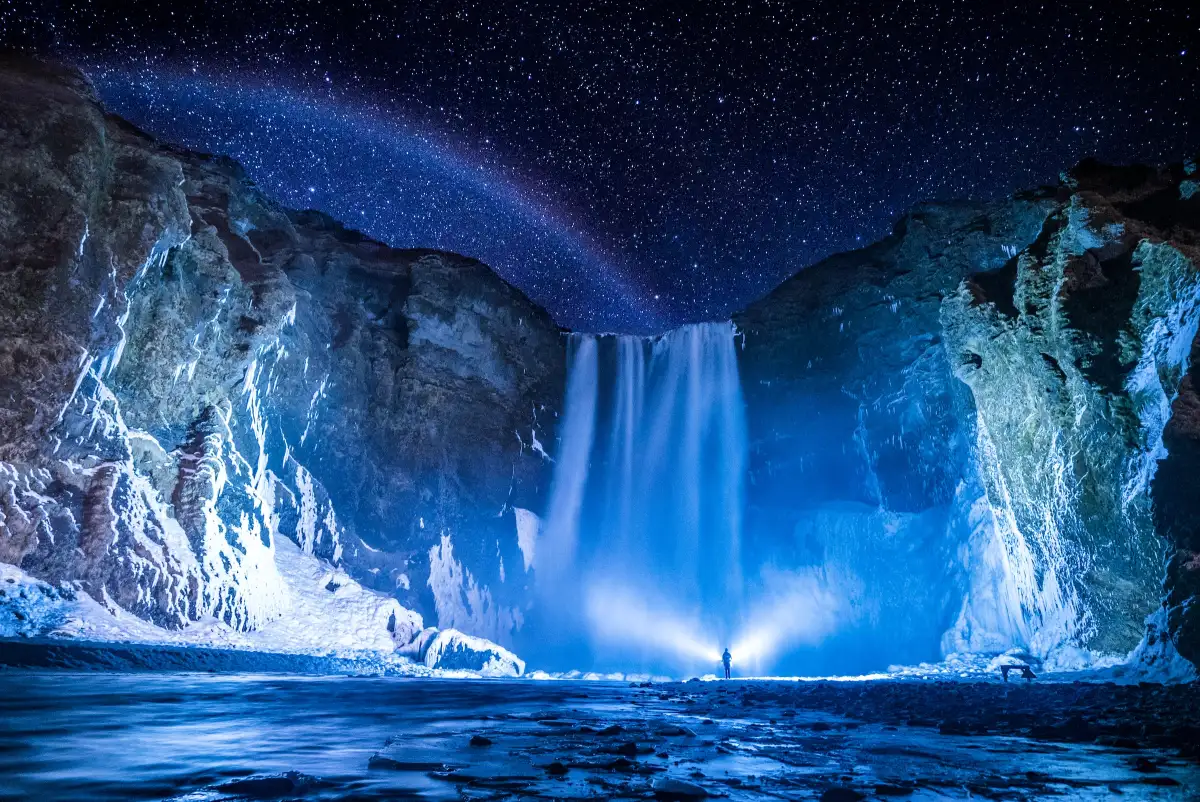 The famous skogafoss at night in the freezing cold